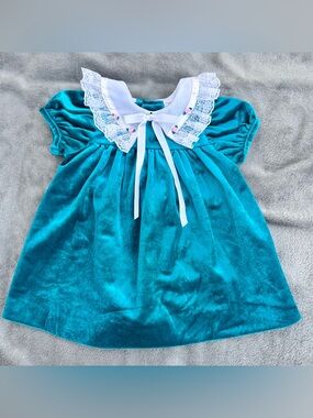 Vintage Rare Editions Baby Girl Teal Blue Velvet Special Occasion Dress- 18mo
